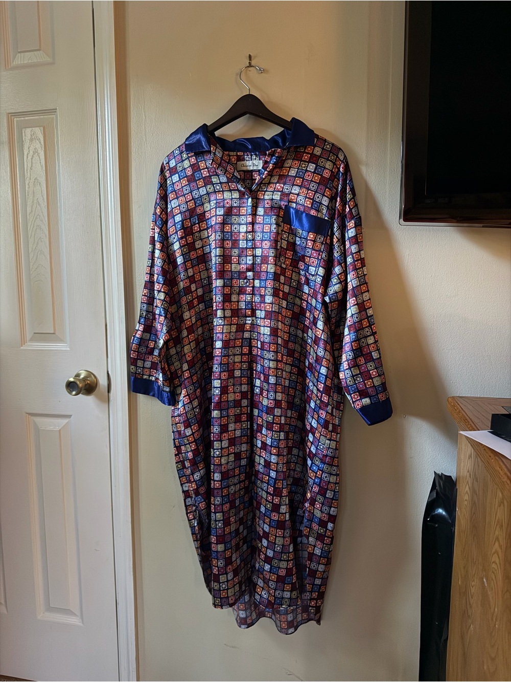 Vintage Christian Dior Geometric Satin Nightshirt Robe Sleepwear
